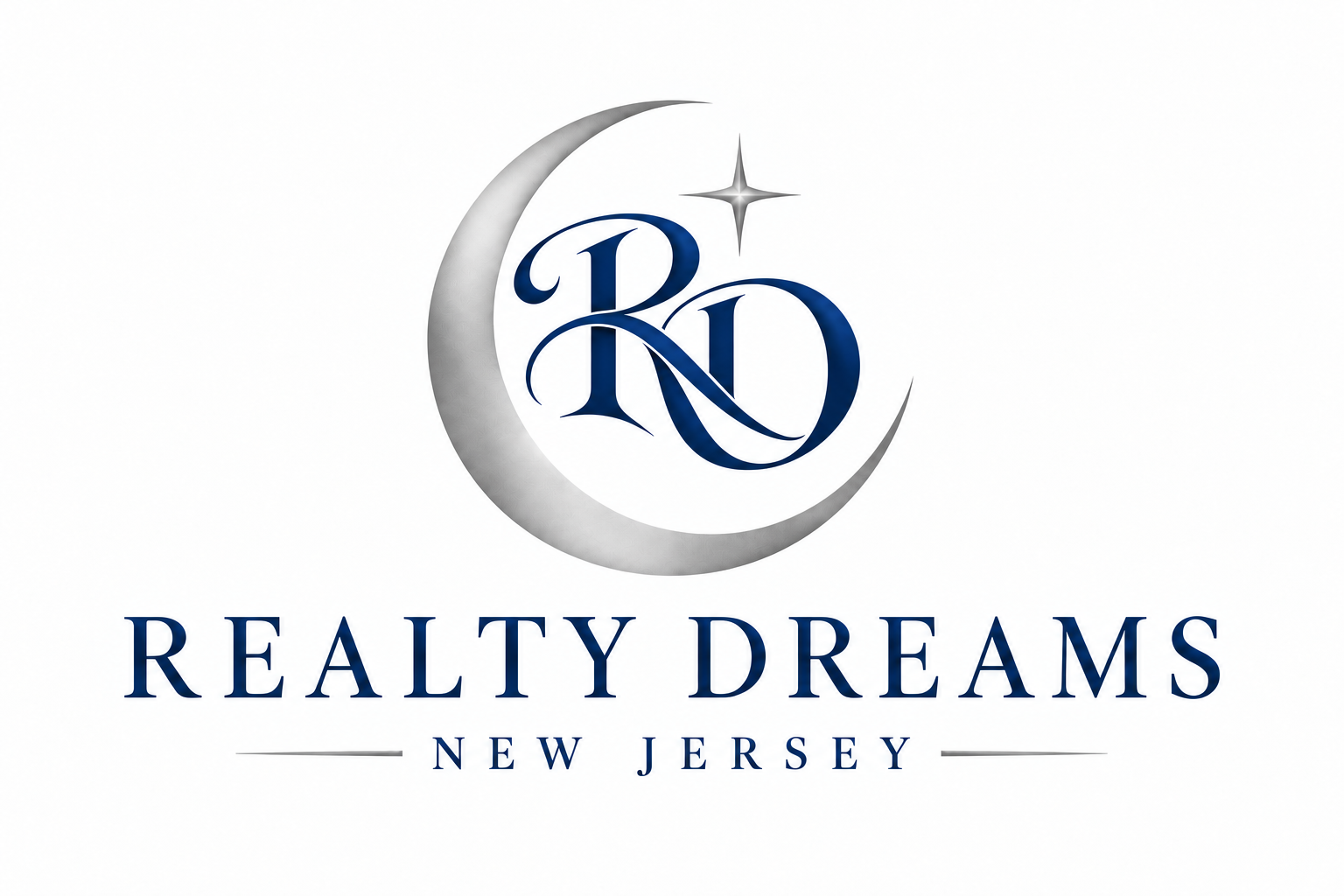 Realty Dreams New Jersey: artistic RD monogram with a silver crescent moon and star